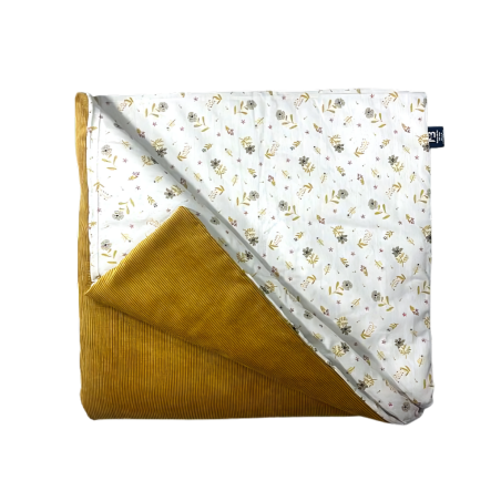 Couette Bébé 120x80 cm – Double Face Coton Fleuri & Velours Moutarde