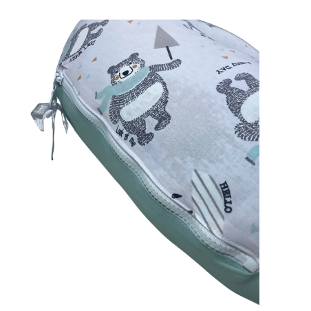 Coussin d’Allaitement Bébé – 70cm x 60 cm- 100% Coton – Motif Oursons & Uni Vert