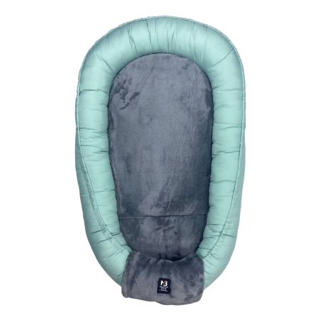 Nid bébé vert d’eau et gris – 100% coton & polaire – 110 x 73 cm