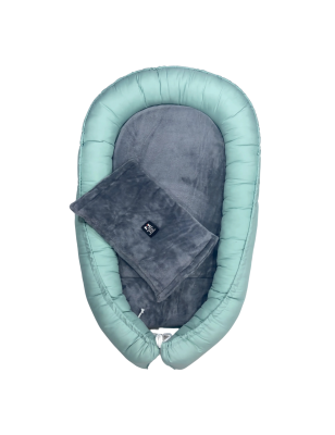 Nid bébé vert d’eau et gris – 100% coton & polaire – 110 x 73 cm