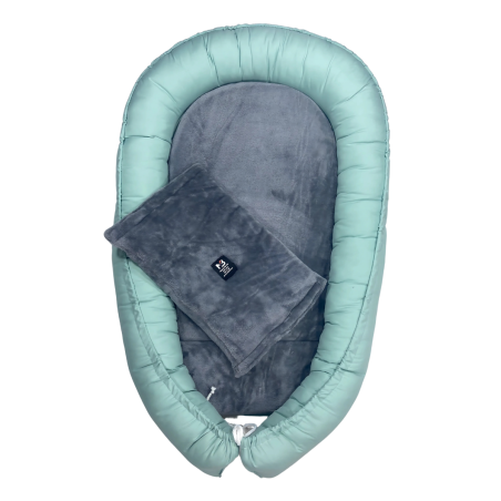 Nid bébé vert d’eau et gris – 100% coton & polaire – 110 x 73 cm